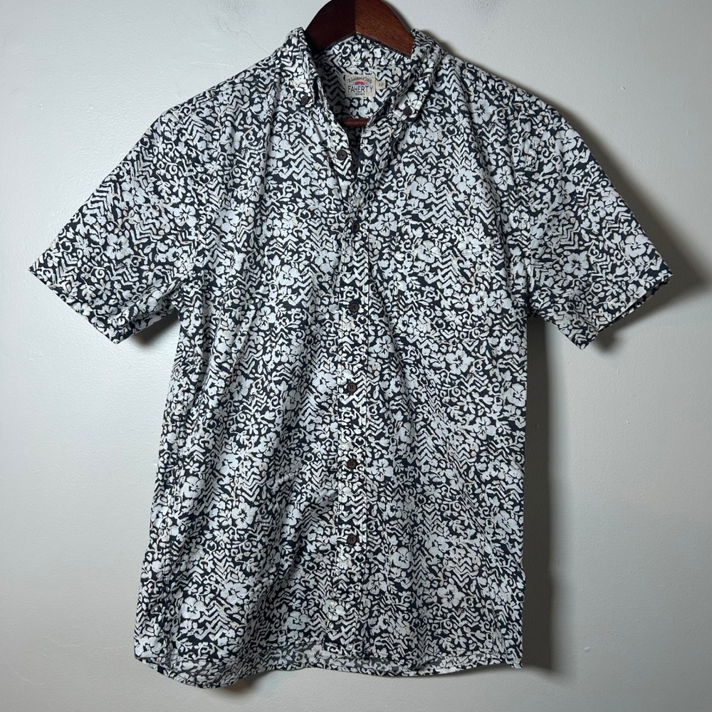 Faherty Brand Mens Short Sleeve Button Up Shirt Organic‎ Cotton Black White Sz S